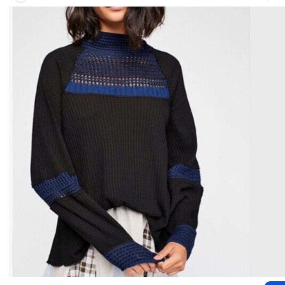 Free People Womens Cotton Thermal Top XS Black Crochet Ribbed Boho Fall Grunge